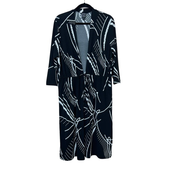 Clara Sun Woo Sweaters - Clara Sun Woo Tie Front Duster Cardigan XL Black White Print Long Stretch Jersey